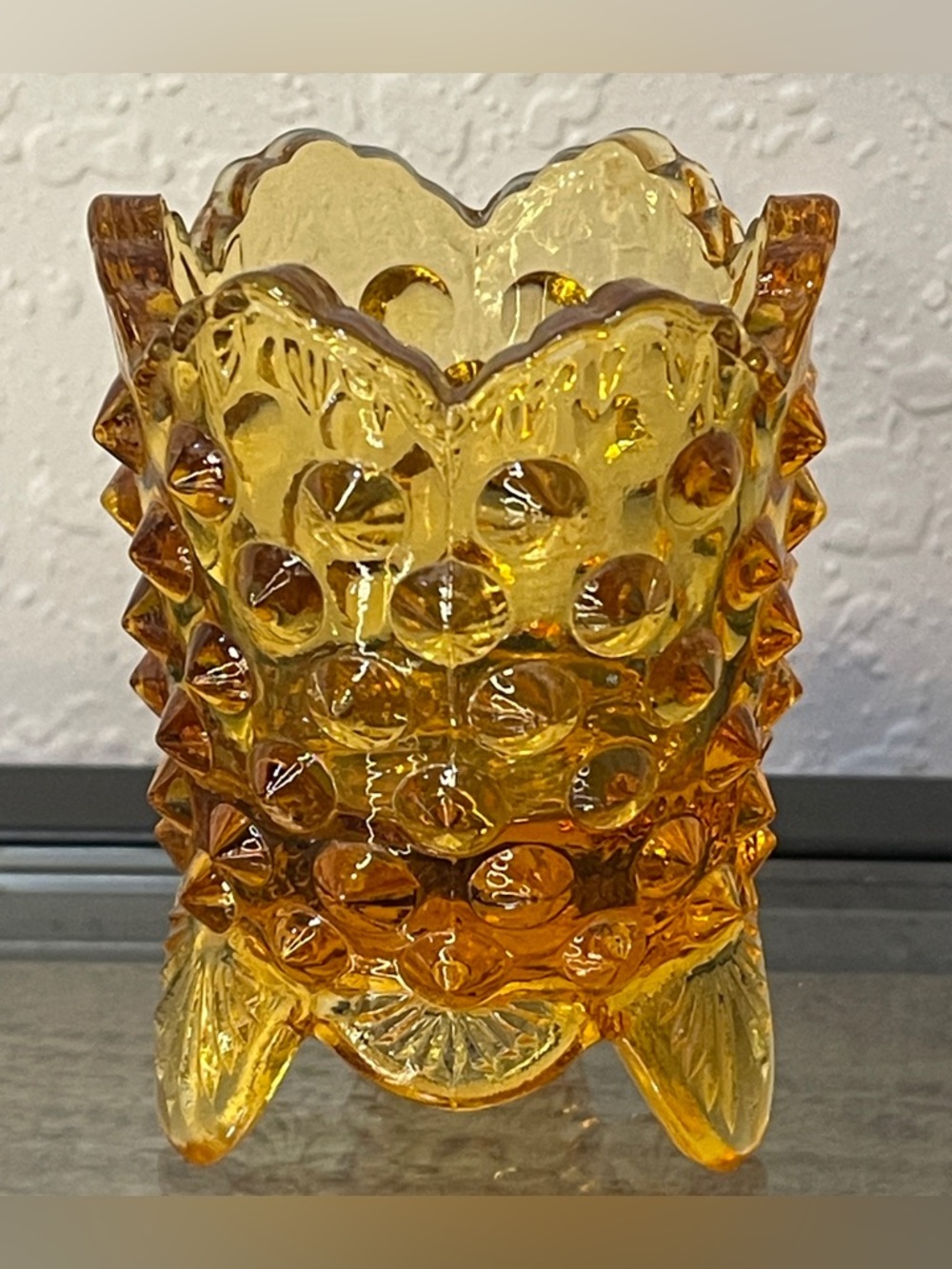 VINTAGE FENTON Hobnail Amber Glass Toothpick Holder